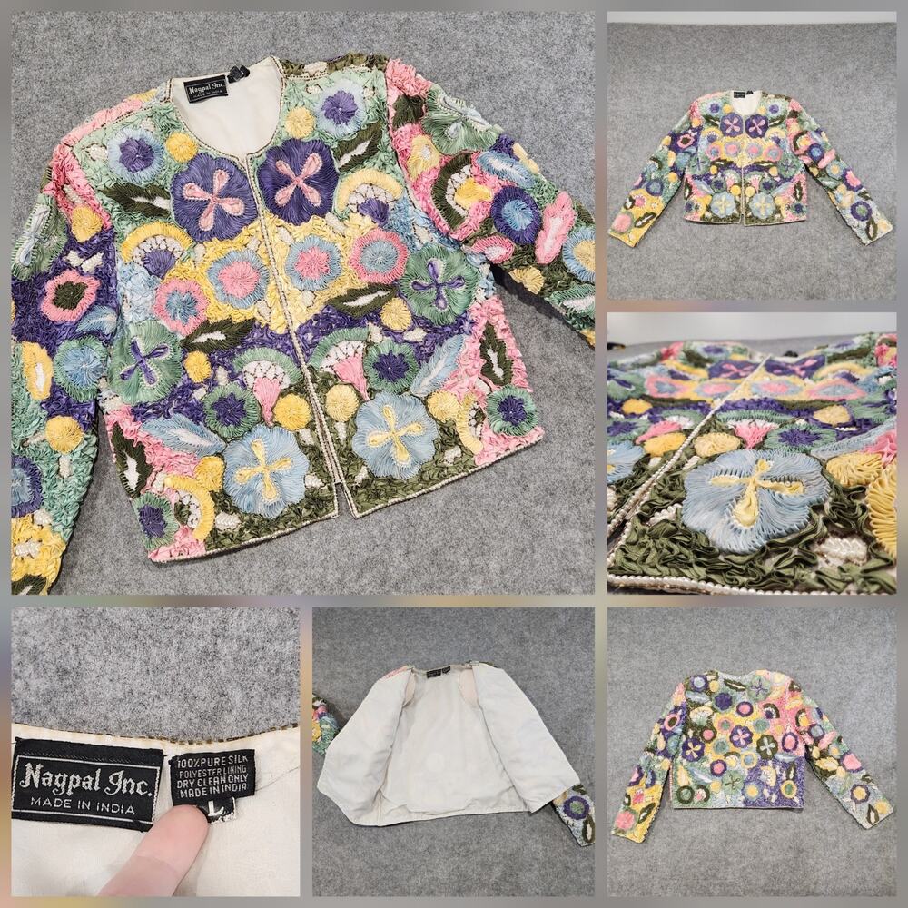 VTG Naypal Silk Ribbon Boxy Bolero Womens L Bead Embellished Flower Pearl Jacket